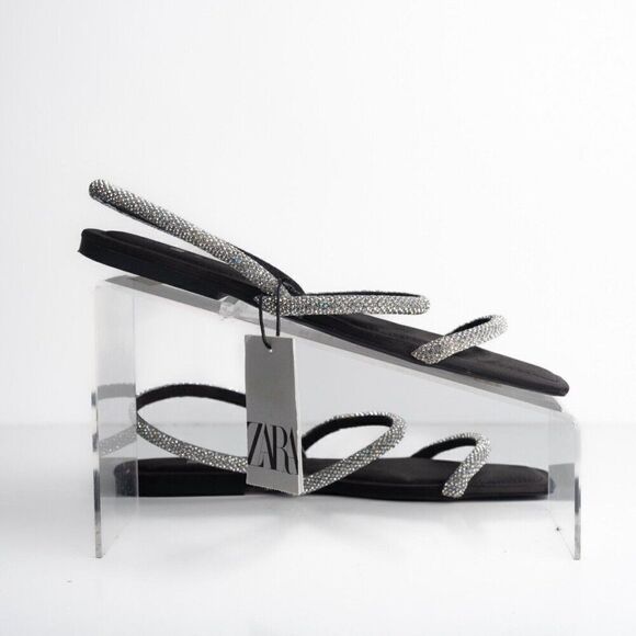 Zara Womens Black Strappy Rhinestone Slingback Flat Sandals Sz US 7.5 EU 38 - Picture 9 of 10